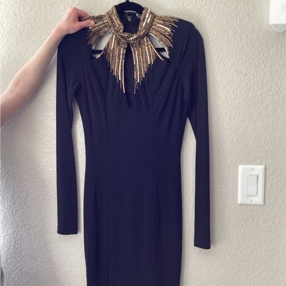 BEBE Embellished neck dress